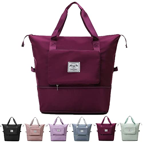 Large Collapsible Waterproof Travel Bag, Large Capacity Folding Travel Bag Expandable, Portable Lightweight Waterproof Foldable Carry Luggage Duffle Tote Bag Oxford Fabric Shoulder Bag (Red)