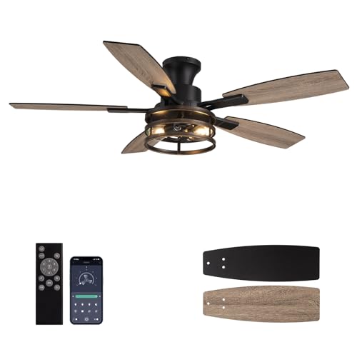 Image of 52 Inch Flush Mount Ceiling Fans with Lights and Remote Control, Low Profile Farmhouse Ceiling Fan for Bedroom Living Room and Patio, Black Caged Ceiling Fan for Indoor and Outdoor(No Bulb)