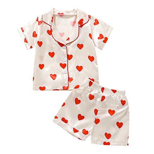 Qiylii Valentine's Day Silk Pajamas for Toddler Girl Heart Print Satin Pajamas Button-Up Silk Pjs...