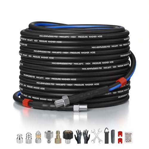 TUTULUCK Sewer Jetter Kit for Pressure Washer 50ft 5800PSI Drain Jetter Hose 1/4 Inch NPT Corner with Watering Spray Nozzle Rotating and Button Hose Sewer Jetting Nozzles & Easy-to-Store Strap