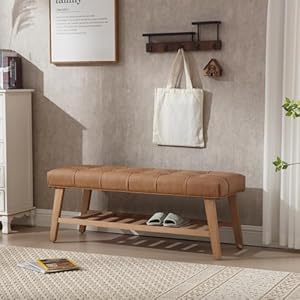 Kmax entryway bench with shoe storage leather upholstered wood storage bench for living room window bench with storage for bedroom end of bed pu brown  urban country home decor
