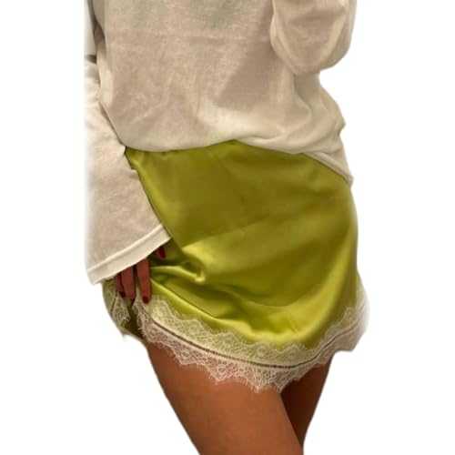 Mxiqqpltky Womens Satin Lace Trim Mini Skirt Y2K Silk Low Waist Flowy Short Slip Skirts Coquette Underskirt