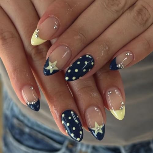 Polka Dot Press on Nails Medium Almond Fake Nails Blue Yellow Nai...