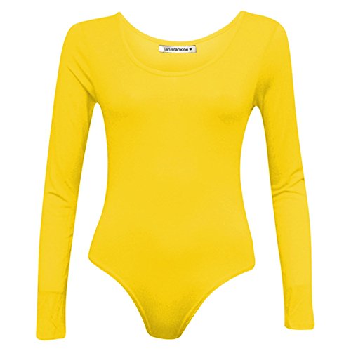 Janisramone Frauen Damen Neu Plain Runden Hals Lange Ärmel Schlank Passen Basic Dehnbar Turnanzug Bodysuit Oberteil Cover