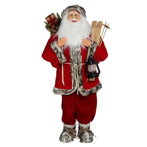 Tradineur Figura de Pai Natal com esquis, poliéster e plástico, Pai Natal em pé, decoração festiva, ornamentos de Natal, montras, casa (vermelha - 110 cm)