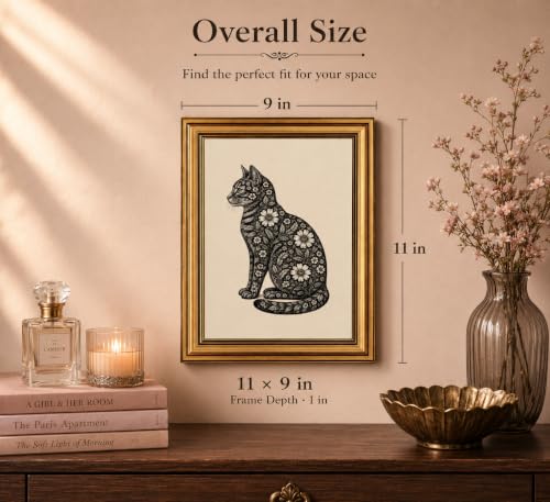 Image of Gold Framed 3D Textured Wall Art, Vintage Floral Cat Canvas Print, 9x11in