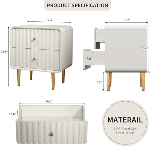Image of HLR Modern Nightstand, Fluted Bedside Table with 2 Drawers Storage, White