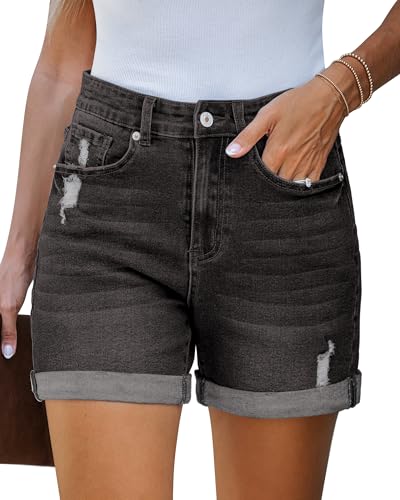 LookbookStore Jean Shorts Womens Stretchy High Waisted Distressed Ripped Denim Shorts with Pockets Trendy Black Size Small