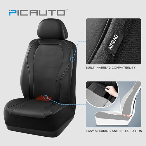 PIC AUTO Leather Car Seat Covers, Premium Automotive Waterproof Two Front Bucket Seat Protectors, Black and Black PVC Patchwork, Fits Cars, Trucks, Vans, SUVs, Airbag Compatible - Image 4