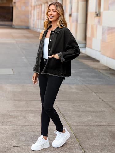 Glamaker Womens Jean Jackets Cropped Casual Denim Jacket Button Down Vintage Loose Frayed Hem Fall Coat with Pockets2