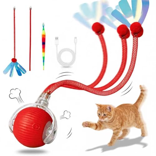 EGITEW Rechargeable Smart Rolling Cat Ball, Automatic Interactive Cat Toy with 3 Modes, LED Light & 3 Replaceable Accessories, Indoor Cat Exercise Toy for Kittens & Adult Cats, for Boredom Relief Red