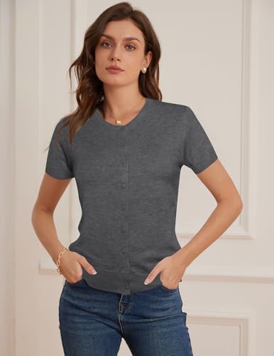 Image of GRACE KARIN Women Short Sleeve Cardigan, 2026 Summer Knitted Sweater Tops, Basic Crew Neck Crop Outfits