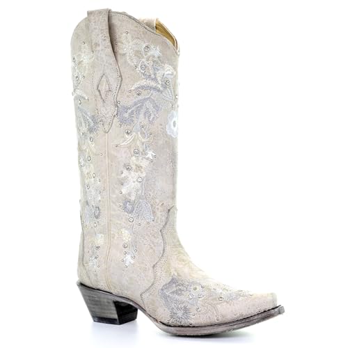 CORRAL LADIE'S WHITE FLORAL EMBROIDERY & CRYSTALS, SNIP TOE, LEATHER SOLE, WESTERN, A35212