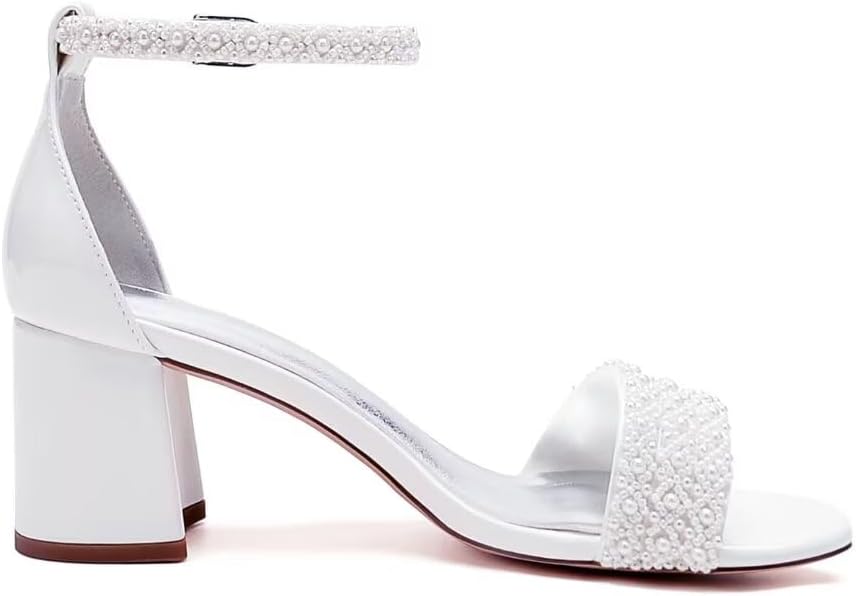 Low Block Heel Wedding Sandals Beaded Wedding Shoes for Bride Ankle Strap Bridal Heels - Image 4