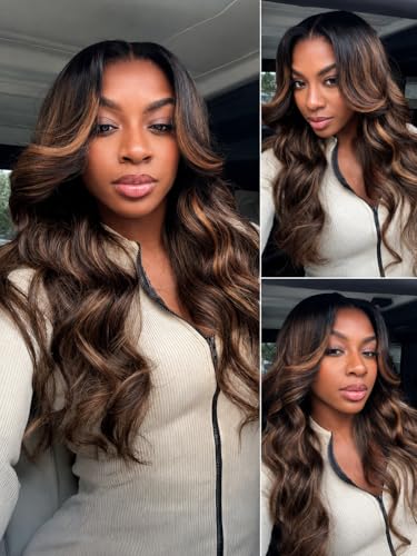 Image of Sunber Balayage Brown Body Wave Wig Human Hair 180% Density Highlight 13x4 HD Lace Front Glueless Wig Pre Cut Lace Pre Plucked Bleached Knots Invisi Drawstring Wear and Go Loose Wave Wigs 22inch