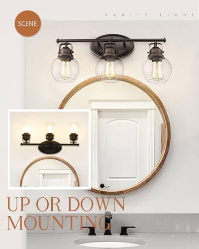 Image of 3-Light Farmhouse Bathroom Vanity Light Over Mirror | Oil Rubbed Bronze Vanity Lighting Fixture with Globe Clear Glass, Metal Frame, Wall Mounted, AD-2148-3W