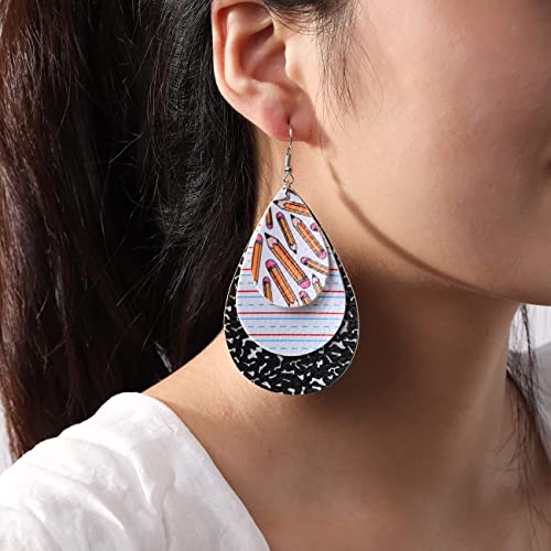 Teacher Earrings for Women Pencil Print Teardrop Drop Faux Leather Earrings Hypoallergenic Lightweight Dangle Earrings Jewelry Gifts3