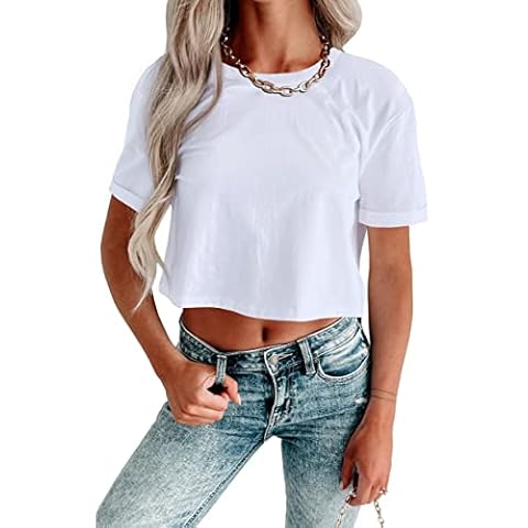 REVETRO Women's Casual Loose Short Sleeve Crop Top Basic Solid Crew Neck T Shirts Thin Lightweight Tee White Tops L… Cover