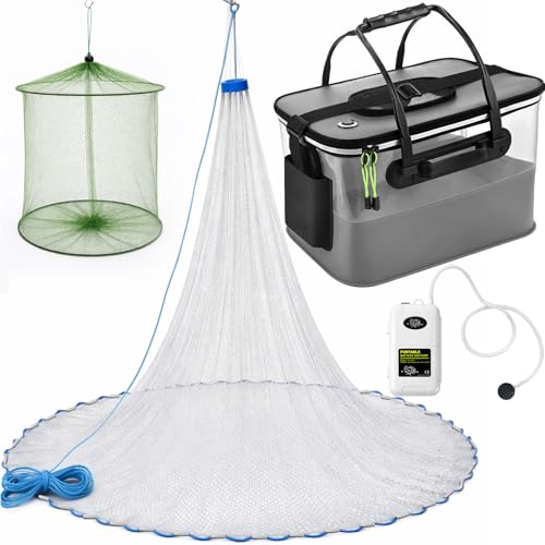 Relaxgiant 3 Pcs Fishing Bucket Live Bait Aerator and Fishing Cast Net with Heavy Duty Sinker Foldable Live Bait Bucket Portable Quiet Aerator 4 Gallon Fish Transport Container Outdoor EVA Bag(Gray)