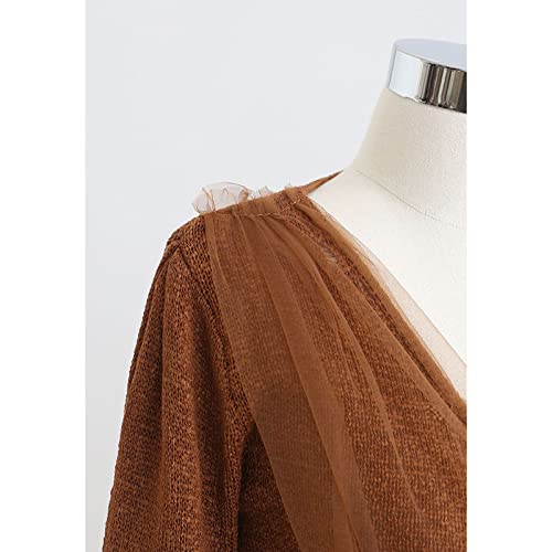 CHICWISH Women's Comfy Casual Caramel Mesh Overlay Long Sleeve Wrap Crop Knit Top3