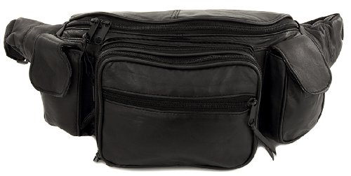 Roma Leathers New Large 8 Pocket Genuine Leather Waist Hip Lumbar Fanny Fannie Pack Bag Black with Dual Cell Phone Pockets and Dual Organizer (7089-BLK) - Thumbnail 2