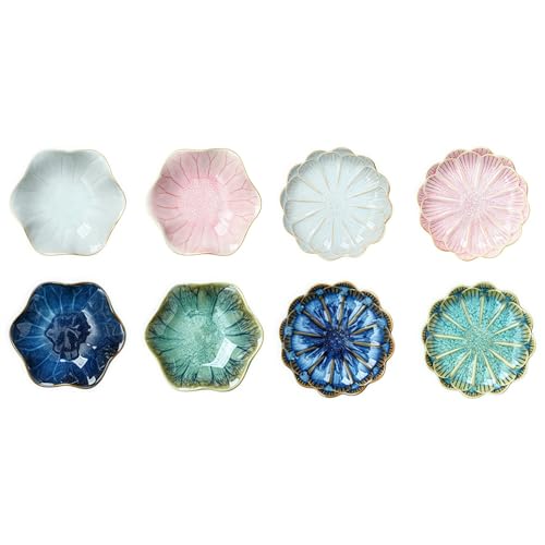 小皿 薬味皿 前菜皿 醤油皿 キムチ皿 ミニ食器 和食器 陶器 小型 つまみ皿 調味料入れ おしゃれ 家庭用 業務用 寿司屋 お料理 食卓セット 和風 ディナープレート 小鉢 蓮型 日本風 陶器セット 調味料皿 (8個セット)