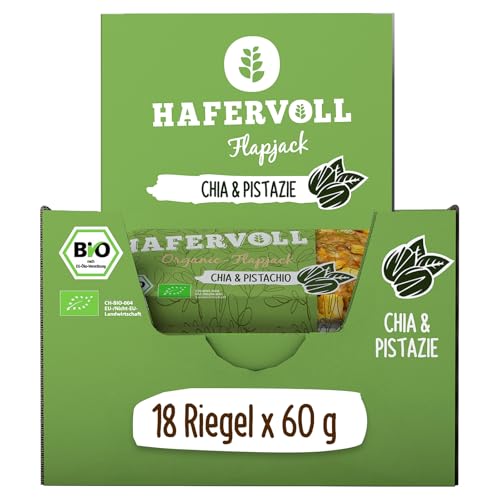 HAFERVOLL Organic Flapjack Chia & Pistachio, 18 x 60 g Müsliriegel - Bio-zertifiziert, mit Honig ohne Zusatz von Zucker, Hafer, im Ofen gebacken