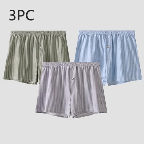 Mens Cotton Boxers Underwear Loose Fit Stripes Mid Rise Comfy Sleepwear Trunk 3 Pack Lounge Button Comfortable Briefs2