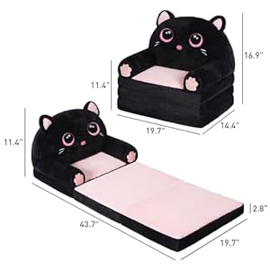 Kids couch fold out velvet 2 in 1 flip open couch for toddlers comfy toddler chair for reading and napping for boys and girls black pink kitty  urban country home decor