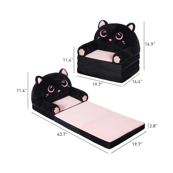 Kids couch fold out velvet 2 in 1 flip open couch for toddlers comfy toddler chair for reading and napping for boys and girls black pink kitty  urban country home decor