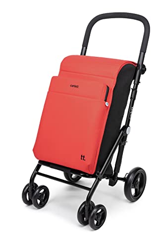 Carlett - Chariot de Courses, Chariot de supermarché Pliable avec 4 Roues, résistant à la Pluie et Une Grande capacité de 32kg, Sac Principal de 64L, glacière de 12L et Poche arrière - Couleur Orange
