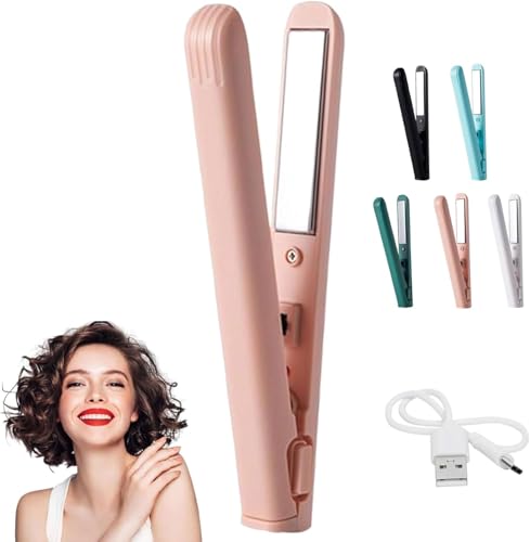 Mini Rizador de Doble Propósito, Mini Rizador de Cerámica for Cabello Corto, Varita Rizadora Portátil 2 en 1 y Plancha Plana, Rizador de Viaje Portátil Inalámbrico for Mujeres (Rosa)