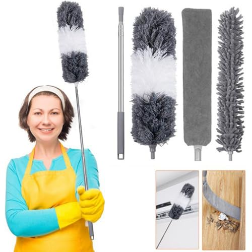 Image of Microfiber Duster Kit, 4pcs Washable Dusters with Telescopic Pole for Cleaning Ceilings, Fans, Blinds, Furniture, House Cleaning Tool Kit(Grey)