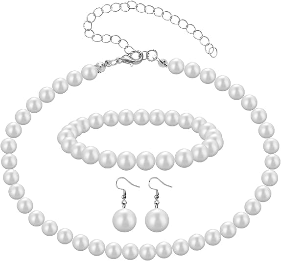 Elegant 10mm Faux Pearl Necklace with Earrings & Bracelet for Bridal | Formal | Wedding & Office Event Jewelry Set for Girls & Women's