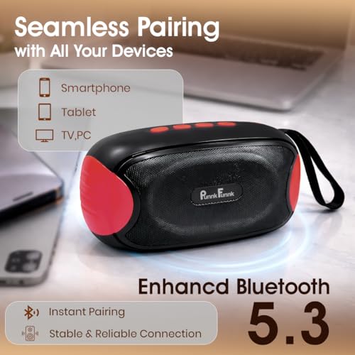 Image of PunnkFunnk Bass One Bluetooth Speaker, Deep Bass Sound with RGB LED Lights, Rechargeable Battery Powered, Portable Wireless Party Speaker, TF Card /USB /AUX Support for Mobile Phone (Red)