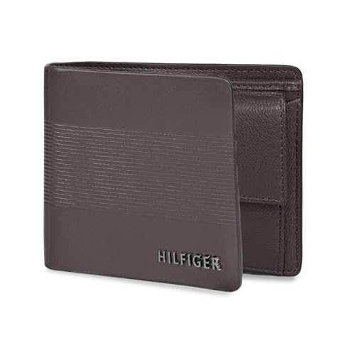 Image of Tommy Hilfiger Men's Leather Wallet Napier | Brown Embossed Global Bi-Fold with Coin Pocket | Stylish Purse for Gents