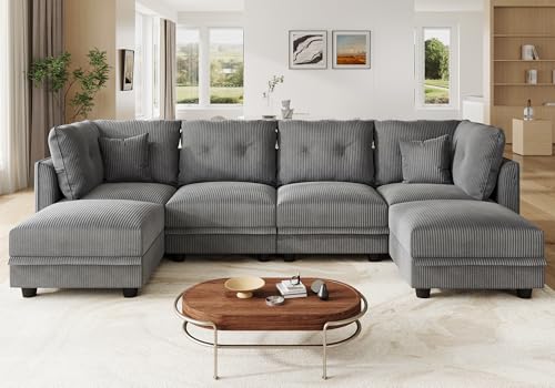 Image of LLappuil 112 inch Modular Sectional Sofa with Storage, U Shaped 6-Seat Corduroy Couch with 6 Throw Pillows, Convertible Sofa Set for Living Room & Apartment, Skin-Friendly & Soft, Grey