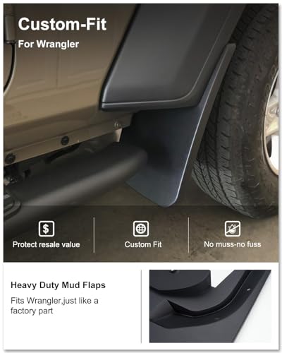 Image of Kiwi Master Mud Flaps for 2018-2026 Jeep Wrangler JL (Not Fits Willys /Rubicon /4xe), OEM Replacement # 82215333 82215332AB, Heavy Duty Mud Guards, Front & Rear Splash Guards, 4 Pcs Set