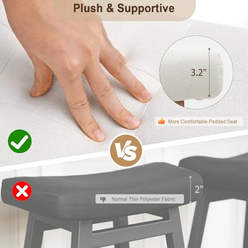 Image of 24 Inch Counter Height Bar Stool, Backless Upholstered Bar Stool with Wood Legs, Modern Farmhouse Saddle Stool for Kitchen Island, Home Bar, Ivory Fabric