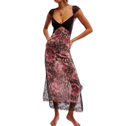 Image of Women Sexy Lace Patchwork Mesh Dress Floral Print Cutout Sweetheart Neck Backless Slit Summer Maxi Dress