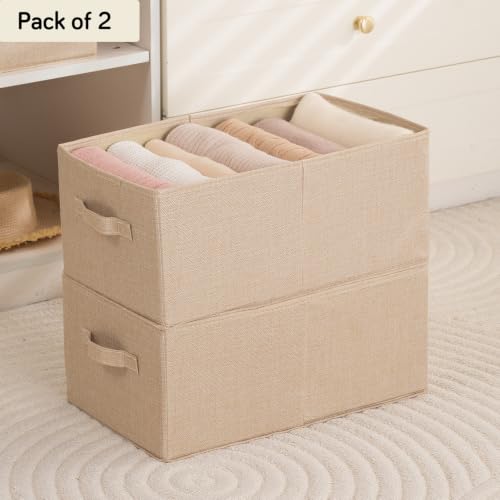 Image of HOKIPO Fabric Wardrobe Organizer Clothes Storage Boxes | Storage Bins for Wardrobe Fabric Organizers with Handle, Large, Pack of 2 - Beige (AR-6685-BGE*2)