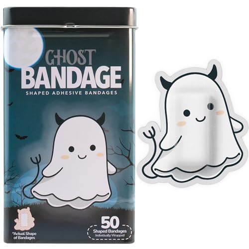 Image of BioSwiss Bandages, Halloween Ghost Shaped Self Adhesive Bandage Set, Latex Free, Sterile Wound Care, 50 Count
