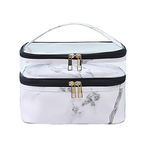 Fengshengli Estuche cosmético doble, bolsa de maquillaje de viaje, bolsa de cosméticos de mármol, cremallera de moda de doble capa para maquillaje organizador (tamaño mármol blanco) Cover