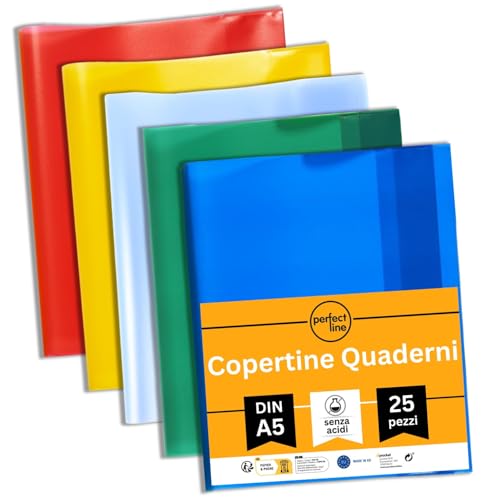 perfect line - 25 copertine per quaderno DIN A5, 5 colori - Custodia trasparente con effetto pelle - Protezione per quaderno in PP riciclabile, resistente ai documenti