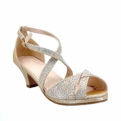 Image of ABSOLEX Girl's Toddler /Little Kid /Big Kid Cross Strappy Open Toe Rhinestone Dressy Low Heel Dress Up Pump Sandal