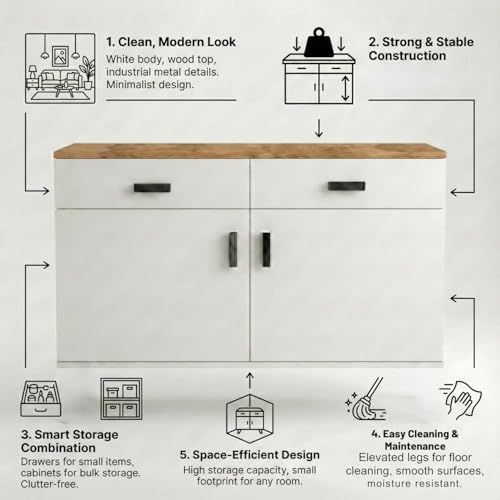 Image of Executive Director Desk | Office Table | Manager Cabin Work Desk with Modesty Panel & Cable Grommet | Sturdy Metal Frame | White Top & Black Base | DIY Installation.