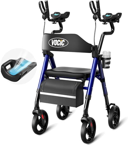 Image of VOCIC Walkers for Seniors, Upright Walker with Adjustable Armrests, Z22 GelCool Stand Up Walker with Ergo Seat & Backrest, 8" All Terrain Rollator with 300lb,Cup& Cane Holder