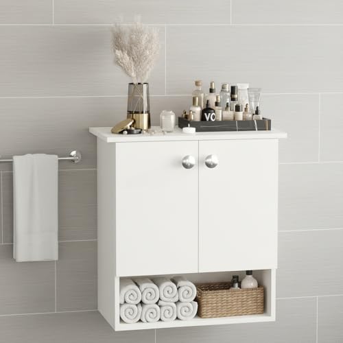 Image of FURNEASER Modern Engineered Wood Bathroom Storage Cabinet | Wall Mount Utility Organizer, Wash Area, Living Room & Bedroom | Space Saving Multipurpose Storage Unit (White)