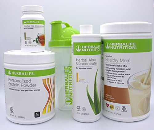 HERBALIFE COMBO FIVE FORMULA 1 Healthy Nutritional Shake Mix (Pralines and Cream 750g)-HERBAL ALOE CONCENTRATE PINT 473ml-PERSONALIZED PROTEIN POWDER 360g-HERBAL TEA CONCENTRATE 51g with SHAKER CUP and SPOON