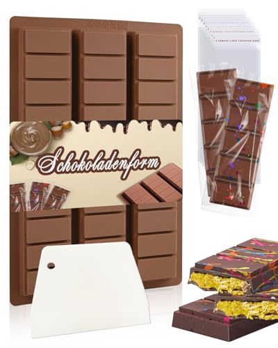 Schokoladenform Silikon 6 Hohlräume Schokoladen Form Mit 1 Schaber und 100 Stück Beuteln, Chocolate Silikonform Schokoladentafel zum Füllen von Knafeh Pistazien-Schokoriegeln